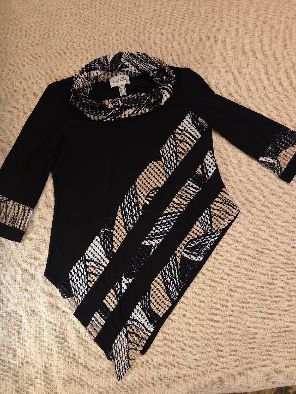 Joseph Ribkoff Black Tunic with Beige and White Patterned Panels